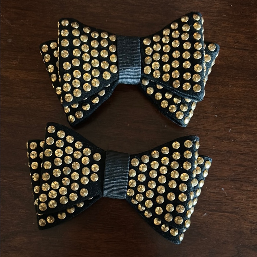 Vintage SHOE CLIPS Black and Gold Studded Bow